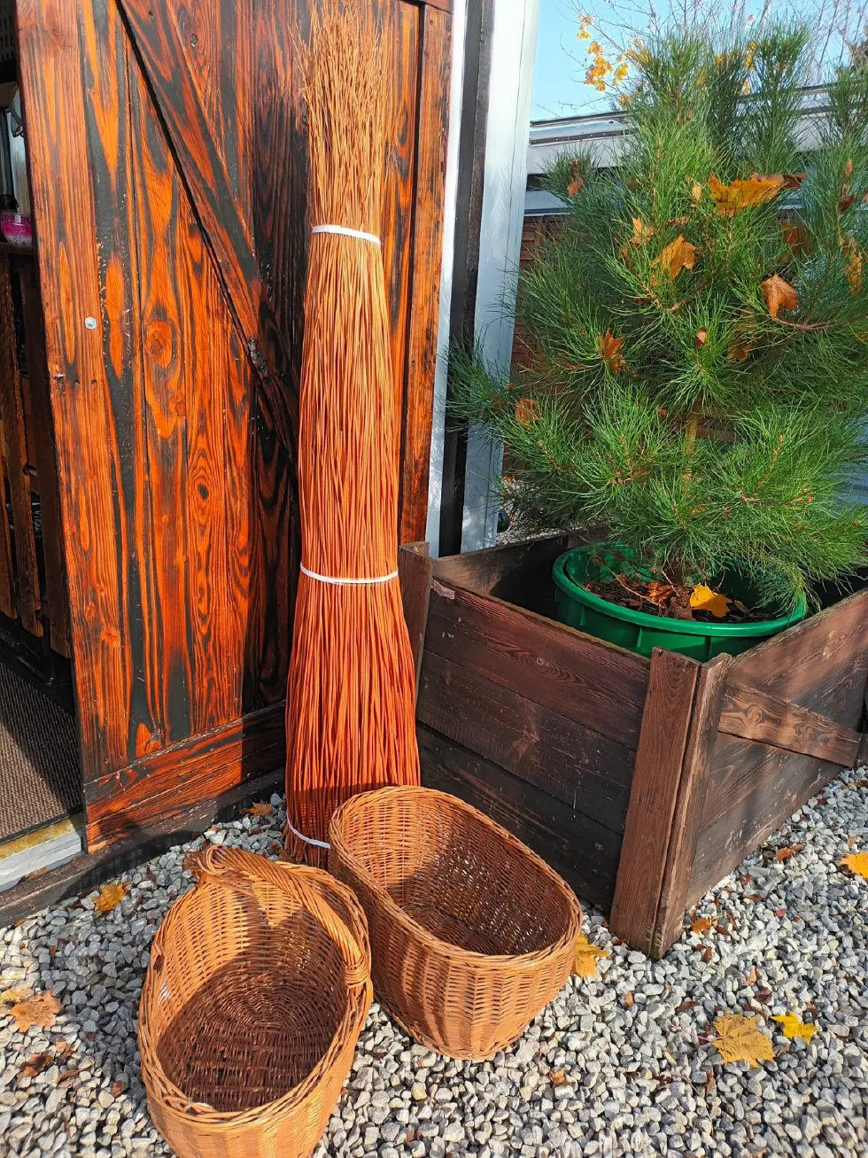 Zwei braune, handgeflochtene Weidenkörbe neben einem Bündel langer Weidenruten zur traditionellen Korbflechterei.